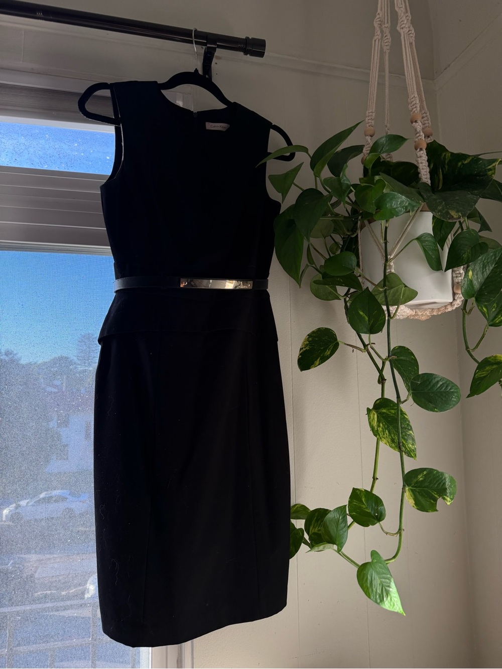 Calvin Klein Black Sleeveless Midi Sheath Dress with Silver Accent Belt